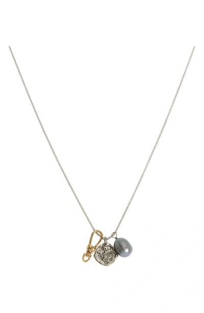 Allsaints Cultured Freshwater Pearl & Charm Necklace, 17 In Silver/ Gold/ Grey Pearl
