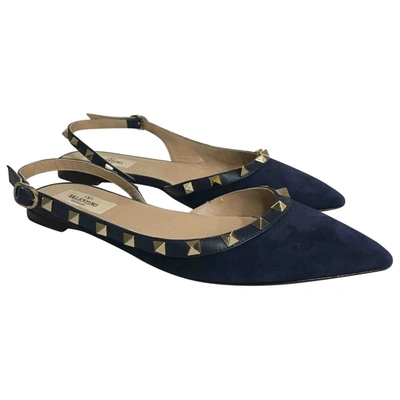 Pre-owned Valentino Garavani Rockstud Navy Suede Ballet Flats