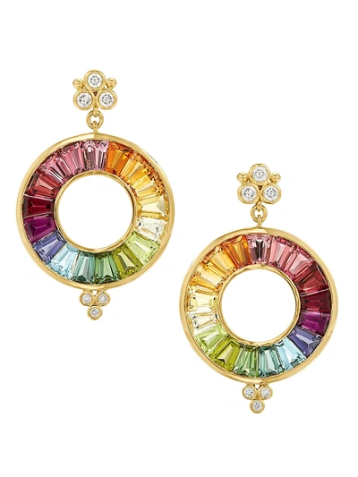 Temple St. Clair 18k Yellow Gold High Color Wheel Halo Drop Earrings With Rainbow Gemstones & Diamonds