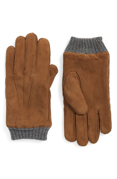 Ted Baker Ladd Knit-cuff Suede Gloves In Camel