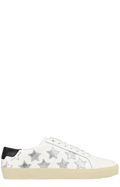 Saint Laurent Court Classic Appliquéd Metallic-trimmed Leather Sneakers In White