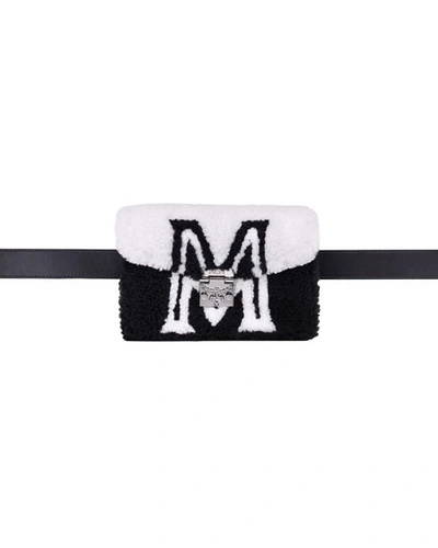 Mcm Patricia Mini Shearling Logo Belt Bag In White/black