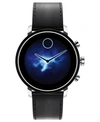 Movado Connect 2.0 Black Leather Strap Touchscreen Smart Watch 42mm In Black/silver