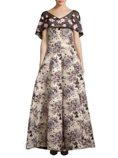 Badgley Mischka Floral Brocade Cape Gown In Gold Multicolor