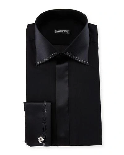 Stefano Ricci Crystal-trim Silk French-cuff Tuxedo Shirt In Black