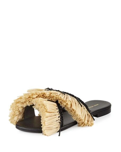 Avec Modération St. Tropez Fringed Raffia Slide Sandal In Beige