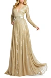 Mac Duggal Long Sleeve Sequin & Bead Stripe Gown In Taupe