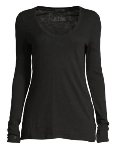 Atm Anthony Thomas Melillo Distressed Slub-knit Long Sleeve Tee In Black