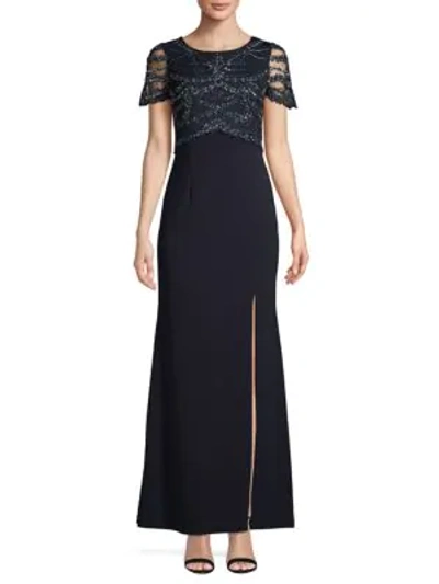 Adrianna Papell Embellished Mesh-sleeve Gown In Midnight