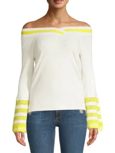 Dh New York Varsity Stripe Off-the-shoulder Bell Sleeve Sweater In White Multi