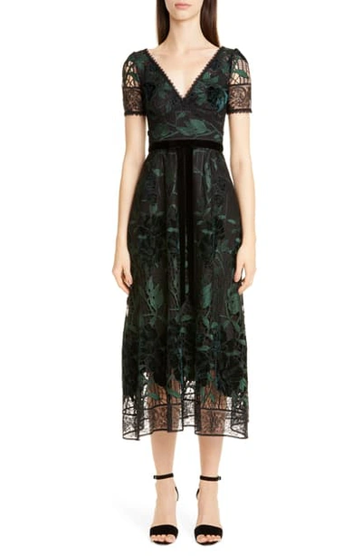 Marchesa Notte Embroidered Guipure Lace Midi Dress In Black