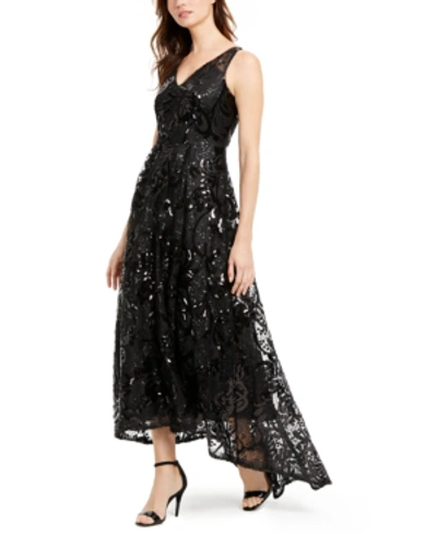 Calvin Klein Sequined High-low Gown In Black