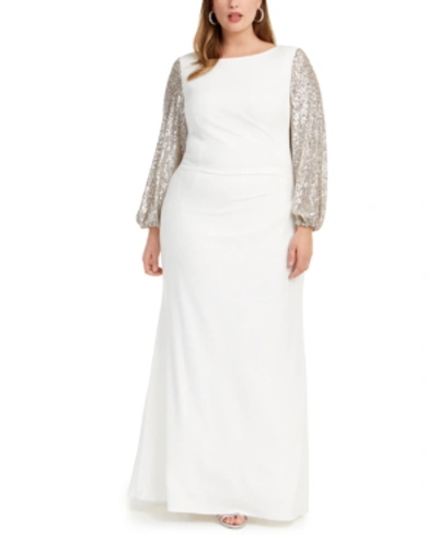 Adrianna Papell Plus Size Sequin-sleeve Gown In Ivory/silver
