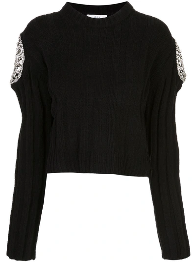 Area Ribbed Knit Chenille Cropped Jumper With Crystal Doily Inserts In Black