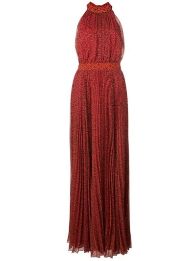 Alice And Olivia Kelissa Pleated Leopard-print Voile Halterneck Maxi Dress In Red