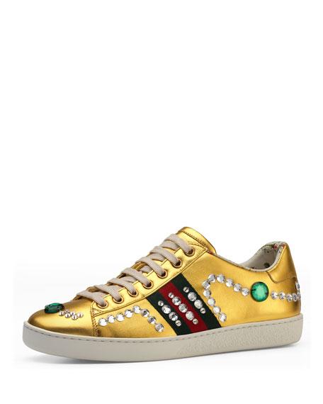Gucci New Ace Jeweled Metallic Leather Sneaker, Gold In Yellow | ModeSens