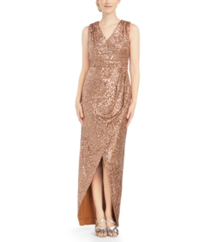 Calvin Klein Draped Sequined Gown In Gold