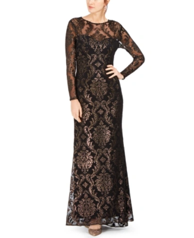 Adrianna Papell Illusion Gown In Black/bronze