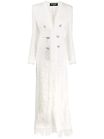 Balmain Doppelreihiger Tweed-mantel In White