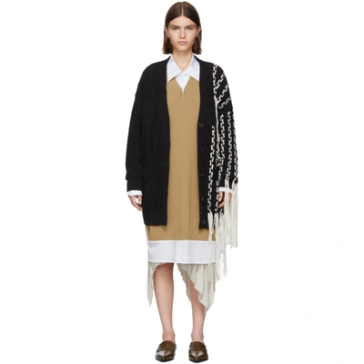Loewe Contrast Detail Fringed Asymmetric Cardigan In Black White