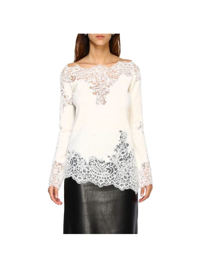 Ermanno Scervino Sweater With Long Sleeves And Lace Inserts In Yellow Cream