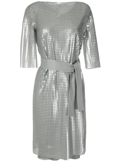 Gloria Coelho Sequins Belted Dress In Silver
