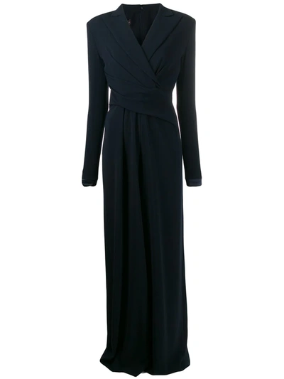 Talbot Runhof Bisini Satin-trimmed Draped Crepe Jumpsuit In Blue