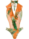 Amir Slama Printed Ruffle Swimsuit In Orange