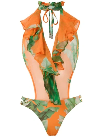 Amir Slama Printed Ruffle Swimsuit In Orange