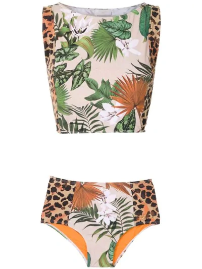 Brigitte High Waisted Bikini Set In Folhas/onça