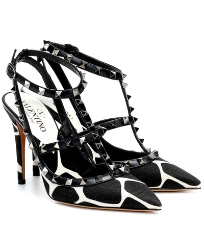 Valentino Garavani Giraffe-print Rockstud Ankle-strap Pumps In Black