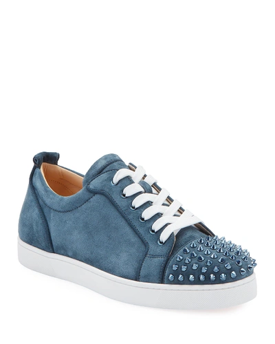 Christian Louboutin Men's Louis Junior Suede Spiked Low-top Sneakers In Light Blue