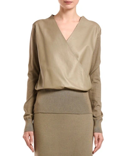 Agnona Wool-knit Wrap Bodysuit With Leather Panel Front In Beige
