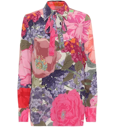 Valentino Mixed-flower Crepe De Chine Tie-neck Shirt In Multicoloured