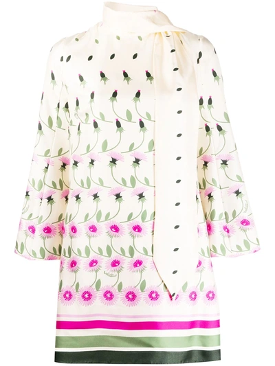 Valentino Floral-print Silk Tie-neck Shift Dress In Ivory/pink