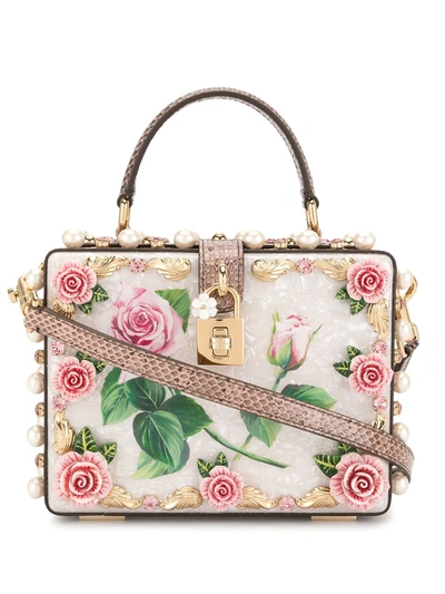 Dolce & Gabbana Mother-of-pearl Dolce Box Bag With Jewel Embroidery In White Roses