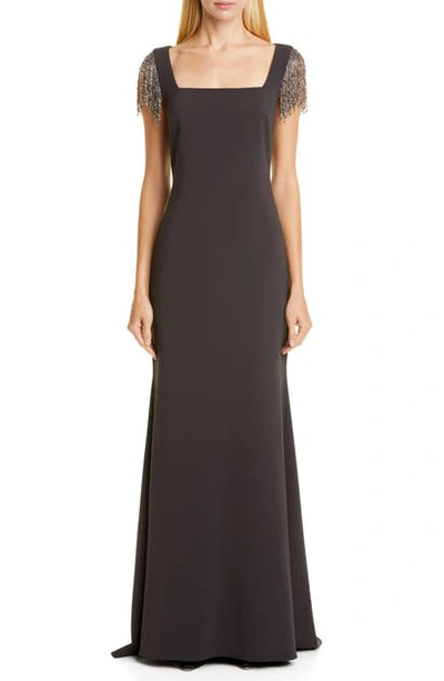 Badgley Mischka Square-neck Beaded Fringe Sleeve Crepe Gown In Charcoal