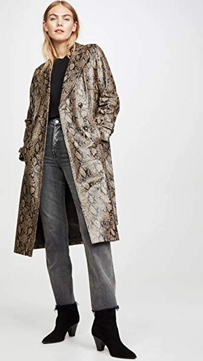 Frame Embossed Leather Belted Python Trench Coat In Brown