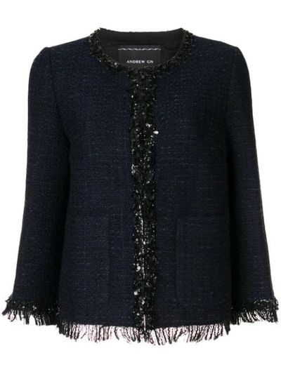 Andrew Gn Sequin Trimmed Tweed Jacket In Navy/ Black Navy/ Black