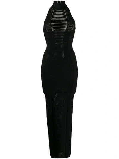 Balmain Long Transparent-striped Bodycon Halter Dress In Black