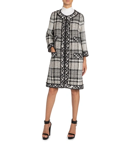 Andrew Gn Sequin-trim Long Plaid Woven Coat In Gray