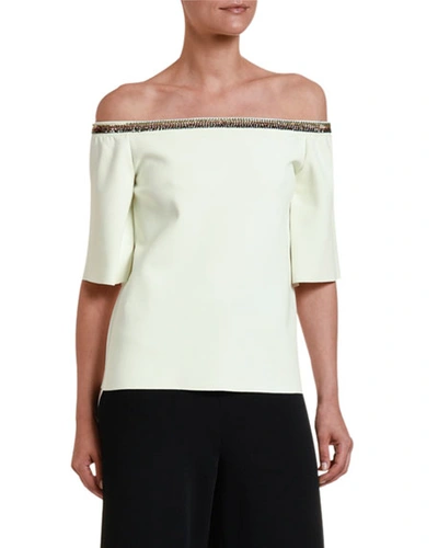Stella Mccartney Embroidered Off-the-shoulder Compact Knit Top In Blue
