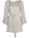 Jay Godfrey Maggie Sequin Mesh Bateau-neck Flare-sleeve Belted Mini Dress In Silver