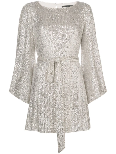 Jay Godfrey Maggie Sequin Mesh Bateau-neck Flare-sleeve Belted Mini Dress In Silver