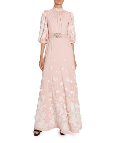 Andrew Gn Floral-applique Silk Mock-neck Gown In Pink/white