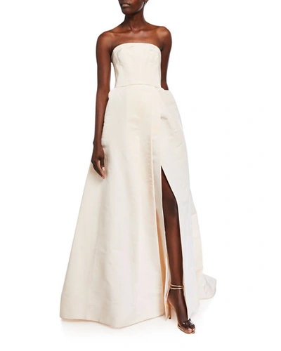 Monique Lhuillier Strapless Silk A-line Gown With Side Slit In Beige