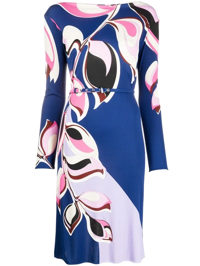 Emilio Pucci Printed Long-sleeve Boat-neck Knee-length Belted Dress In Blue