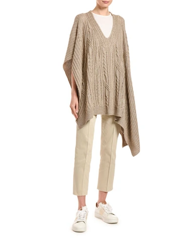 Agnona Cashmere-linen Cable Knit Poncho In Taupe