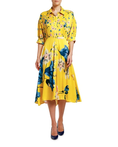 Antonio Marras Placed Floral Jersey Puff-sleeve Shirtdress In Yellow/blue