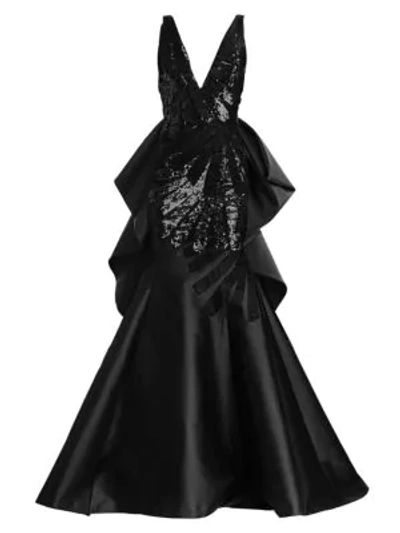 Carolina Herrera V-neck Sleeveless Taffeta Trumpet Gown W/ Sequin Bodice In Black